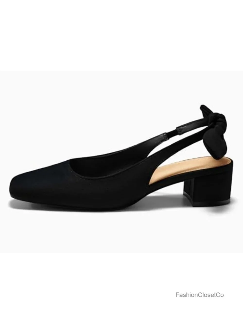 Women's Chunky Low Heels Bow Slingback Pumps Square Toe Faux Suede